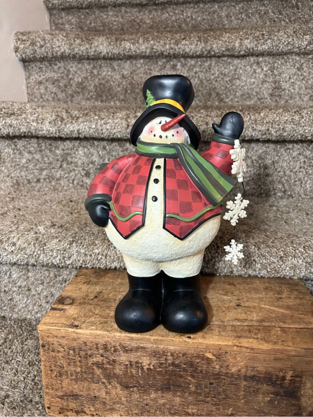 Festive Red Plaid Snowman Holiday Figurine with Green Scarf